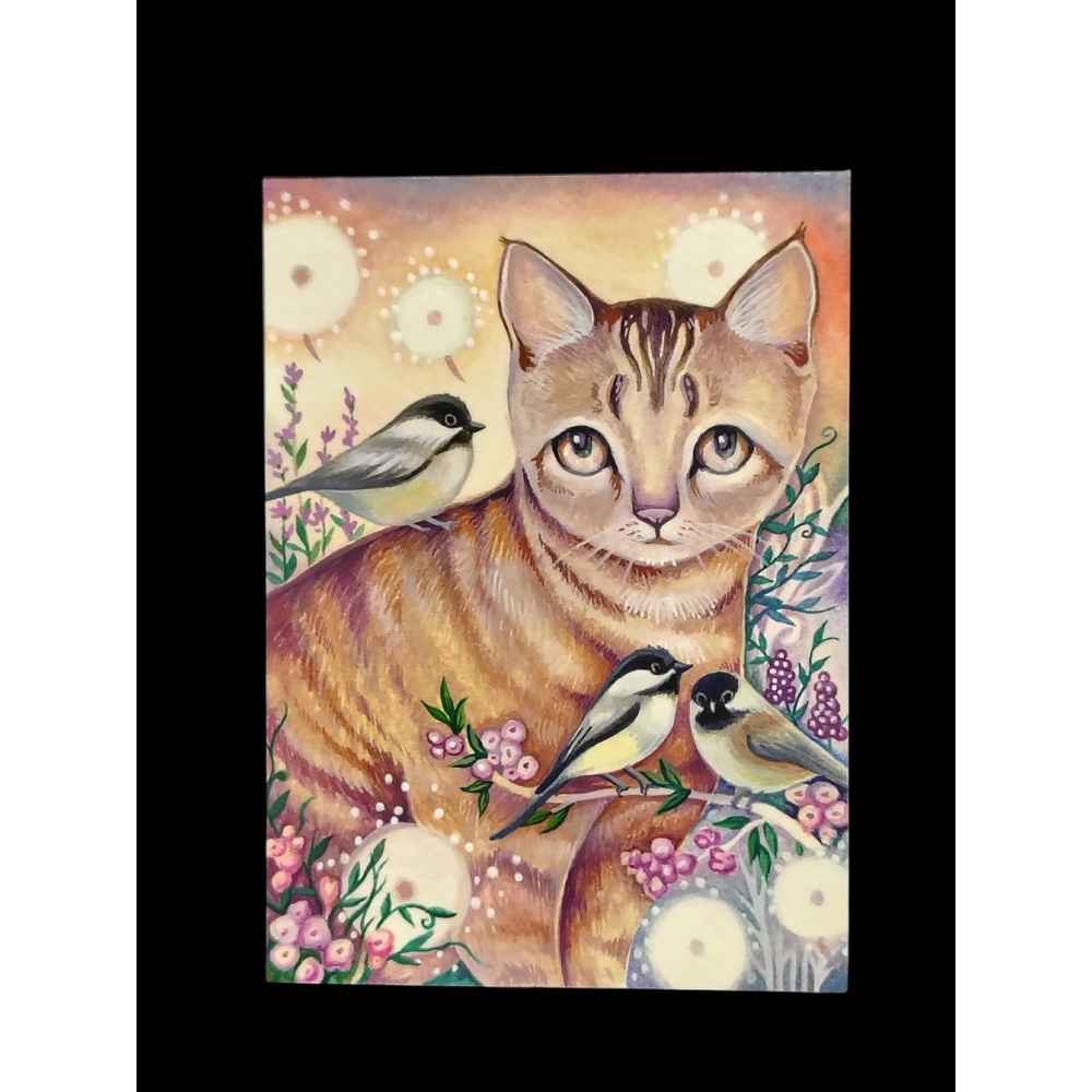 Ching-chou Kuik Art Card Print Fantasy Cat And Birds Signed 2013 Numbered ACEO